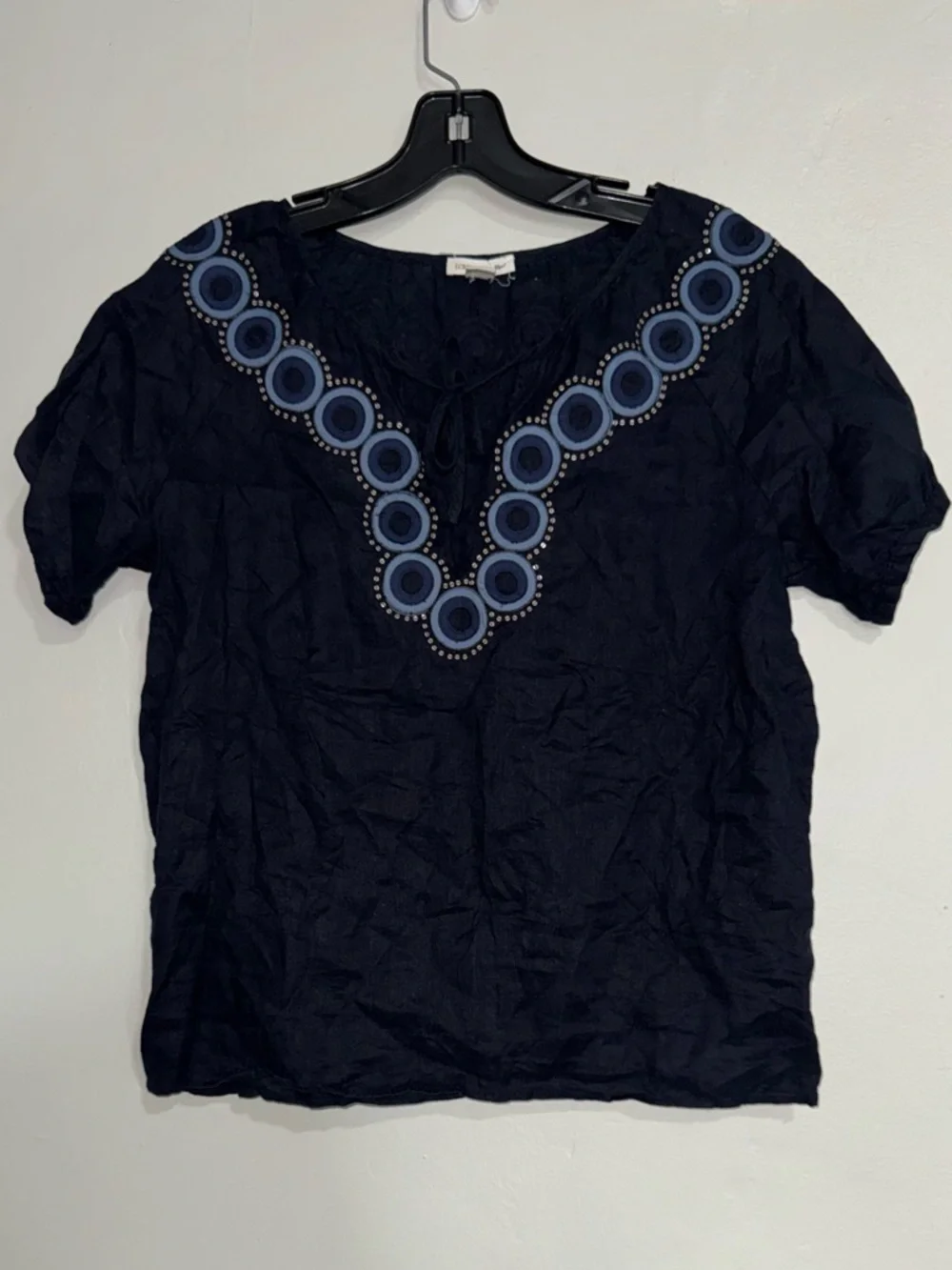 J. Crew Linen Navy Short-Sleeve Embroidered V-Neck Blouse